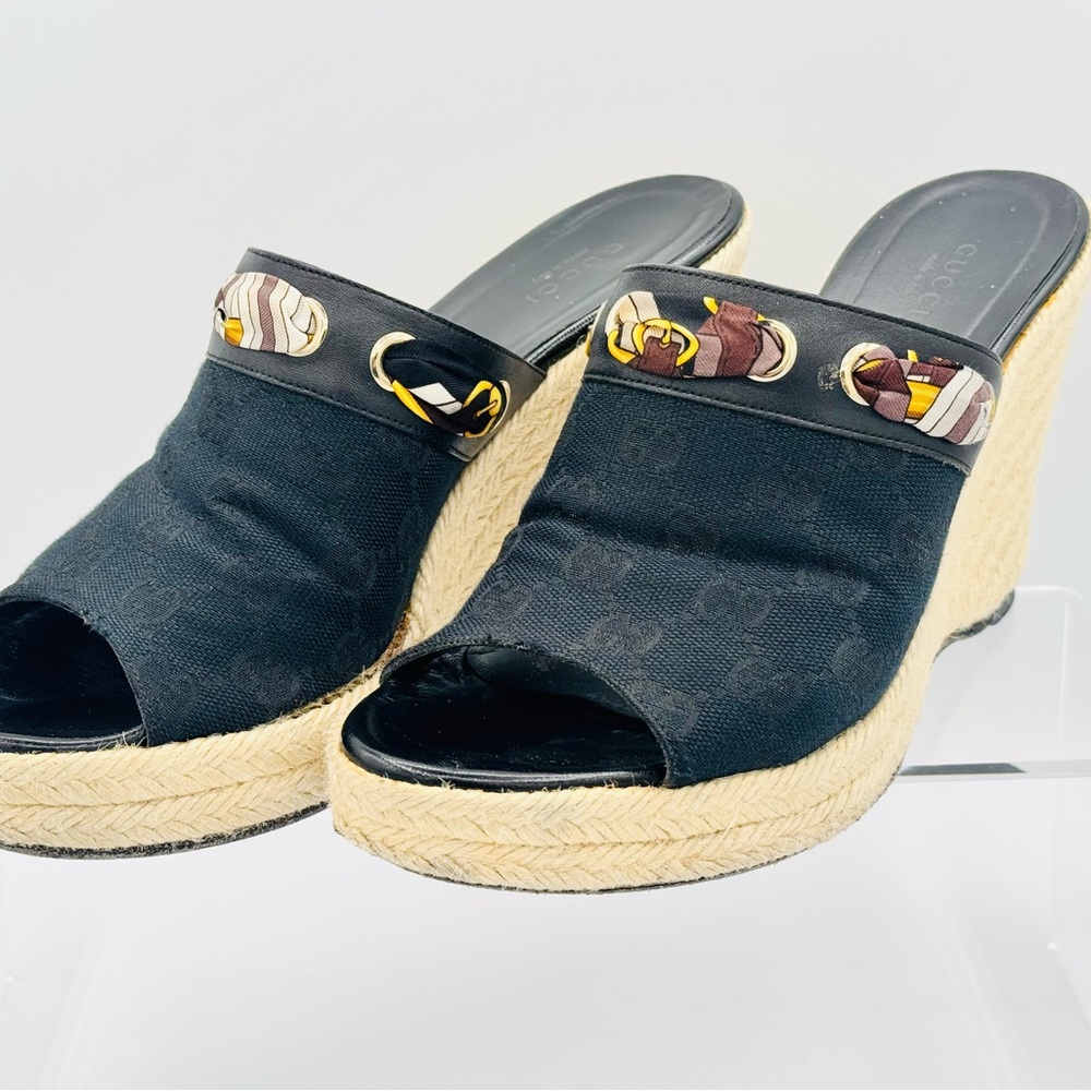 Gucci Black and Tan Wedge Sandals with Metallic Embellishments